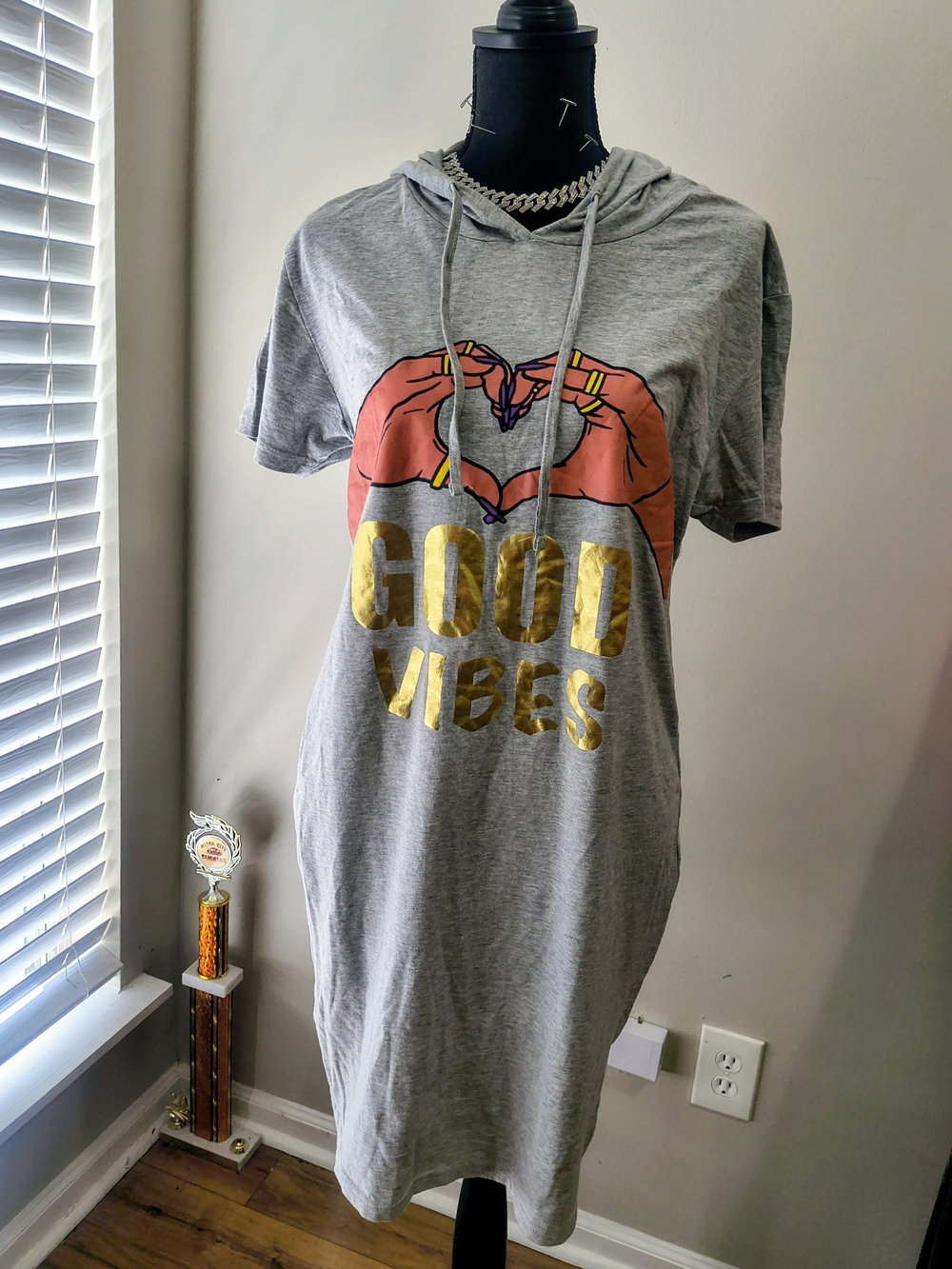 On Fire Gray Hooded T-Shirt Dress with Gold "Good Vibes" and Orange Graphic